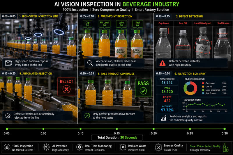 AI vision inspection on a beverage bottling line — cap, fill level, label, and seal checks